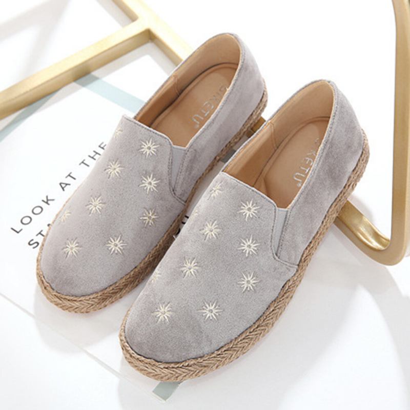 Kvinder Casual Ruskind Rund Toe Star Broderede Espadrilles Fiskersko Flats Loafers