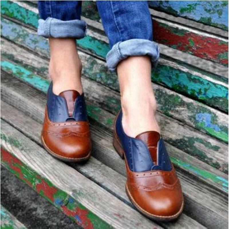 Kvinder Farve Splejsning Firkantet Hæl Rund Tå Brogue Oxfords Casual Flats Loafers