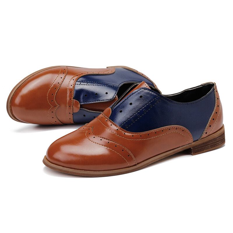 Kvinder Farve Splejsning Firkantet Hæl Rund Tå Brogue Oxfords Casual Flats Loafers