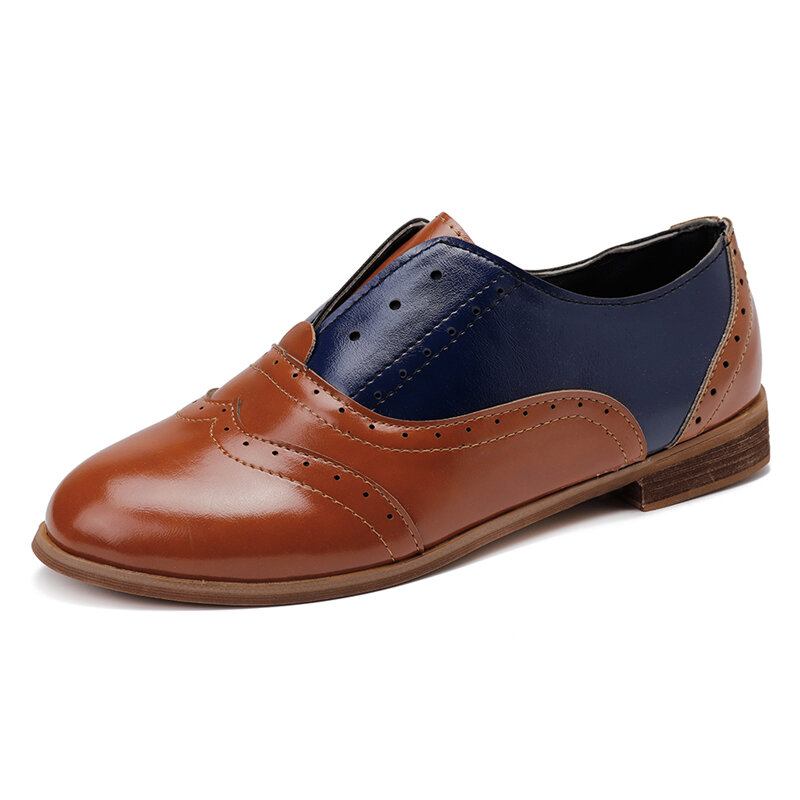 Kvinder Farve Splejsning Firkantet Hæl Rund Tå Brogue Oxfords Casual Flats Loafers