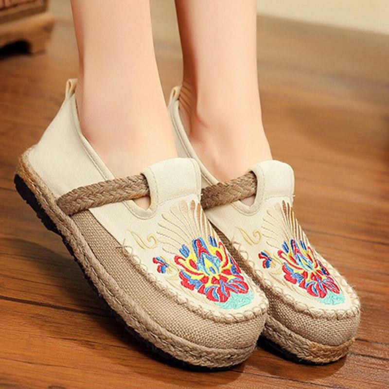 Kvinder Linen Comfy Brodery Straw Slip On Flade Loafers