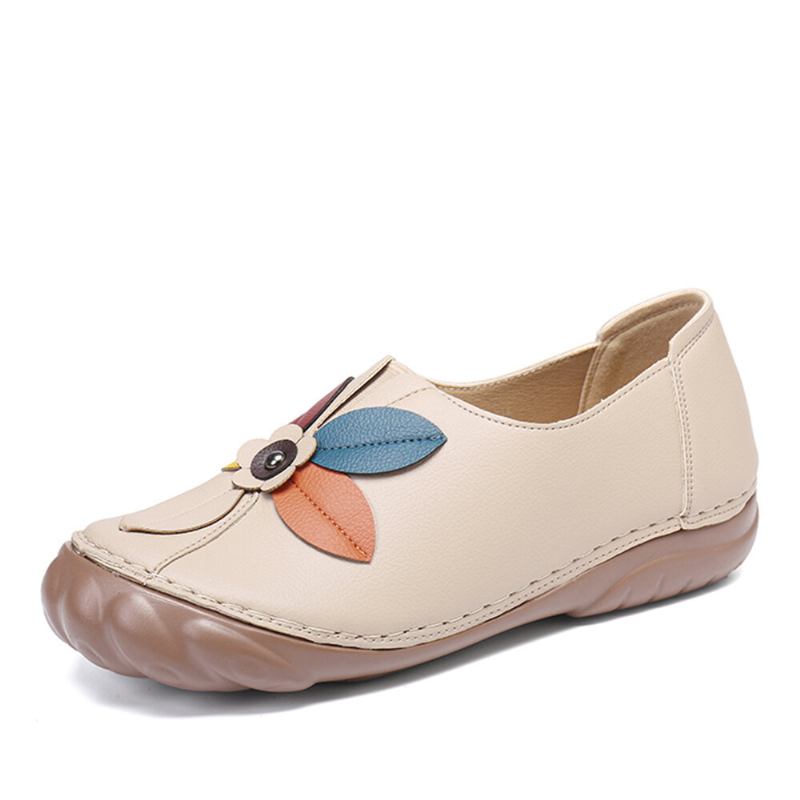 Kvinder Retro Flower Syning Comfy Runde Toe Slip On Flade Loafers Sko