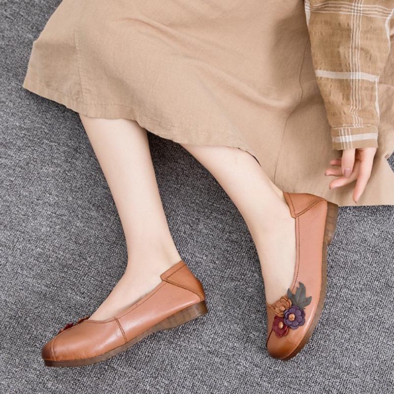 Kvinder Vintage Blomster Rund Tå Ægte Læder Blød Sål Slip On Comfy Flats