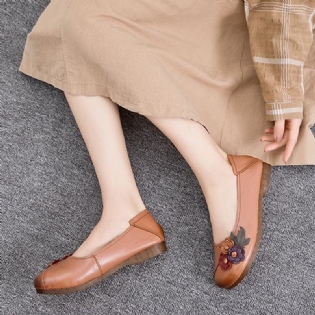 Kvinder Vintage Blomster Rund Tå Ægte Læder Blød Sål Slip On Comfy Flats