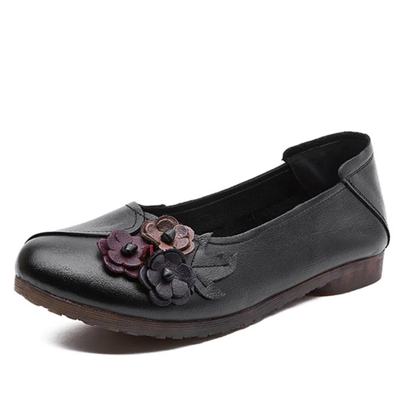 Kvinder Vintage Blomster Rund Tå Ægte Læder Blød Sål Slip On Comfy Flats