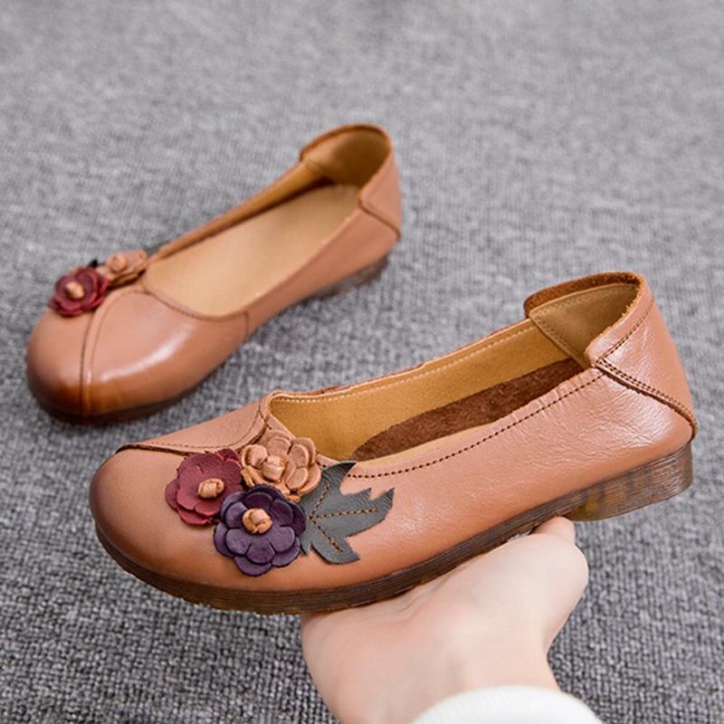 Kvinder Vintage Blomster Rund Tå Ægte Læder Blød Sål Slip On Comfy Flats