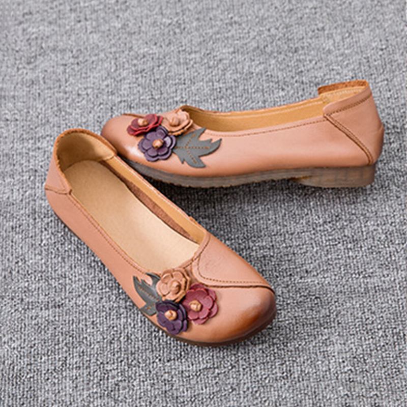 Kvinder Vintage Blomster Rund Tå Ægte Læder Blød Sål Slip On Comfy Flats