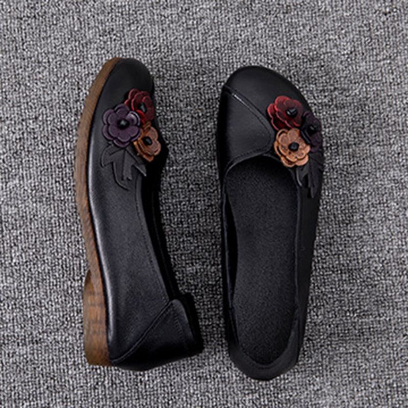 Kvinder Vintage Blomster Rund Tå Ægte Læder Blød Sål Slip On Comfy Flats