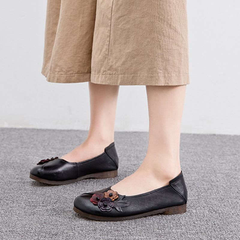 Kvinder Vintage Blomster Rund Tå Ægte Læder Blød Sål Slip On Comfy Flats