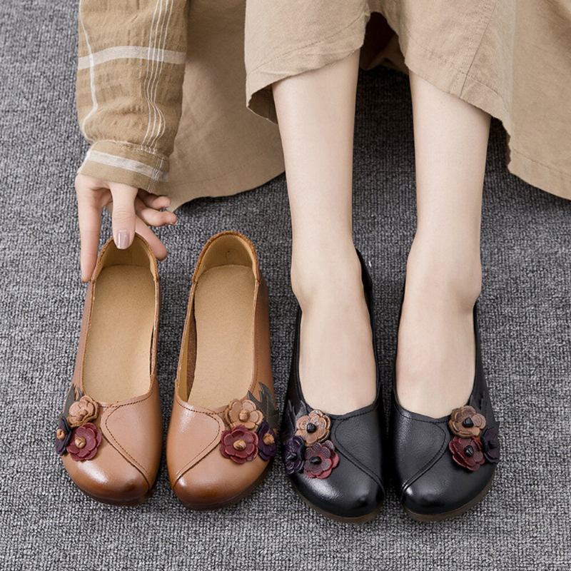 Kvinder Vintage Blomster Rund Tå Ægte Læder Blød Sål Slip On Comfy Flats