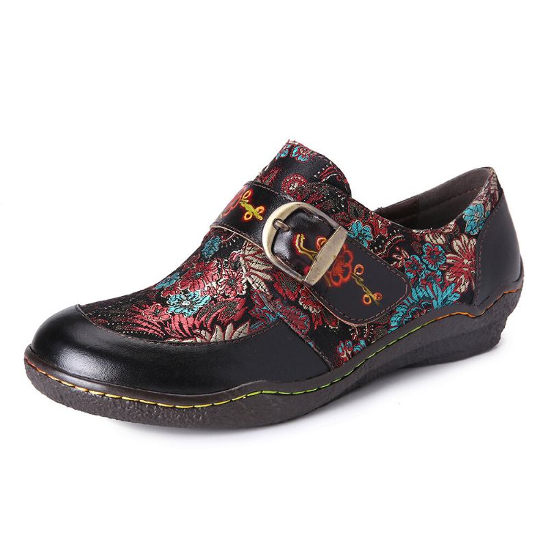 Retro Blomster Broderi Læder Præget Plum Blossom Spænde Slip On Flade Sko