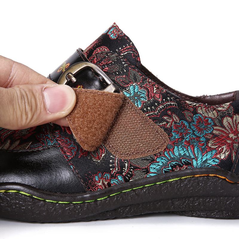 Retro Blomster Broderi Læder Præget Plum Blossom Spænde Slip On Flade Sko