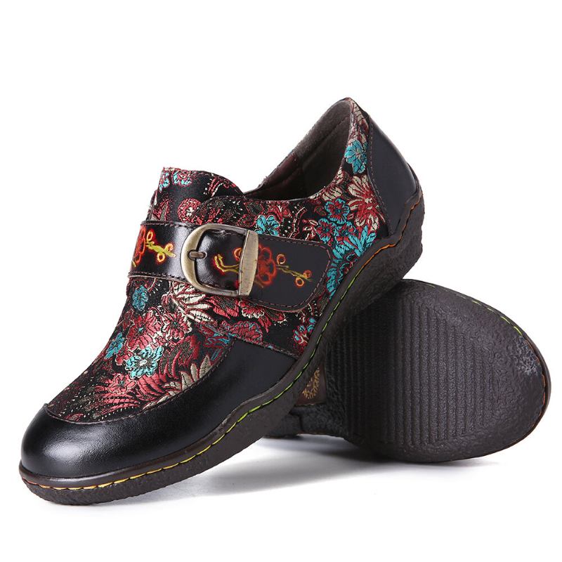 Retro Blomster Broderi Læder Præget Plum Blossom Spænde Slip On Flade Sko