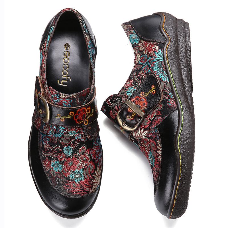 Retro Blomster Broderi Læder Præget Plum Blossom Spænde Slip On Flade Sko