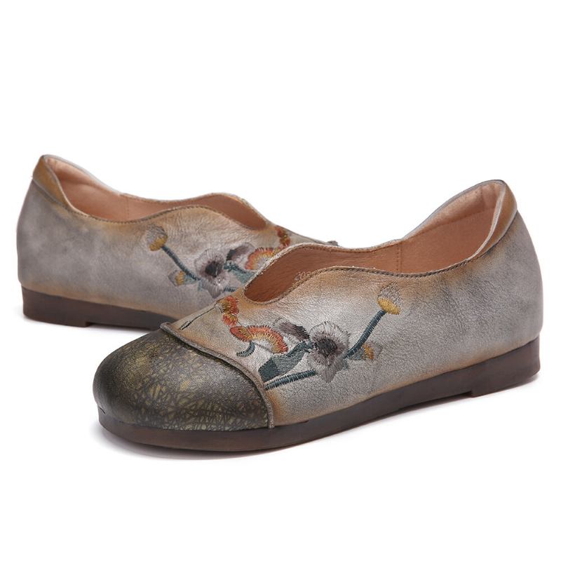 Retro Flowers Brodery Comfy Blødt Læder Slip On Flade Sko