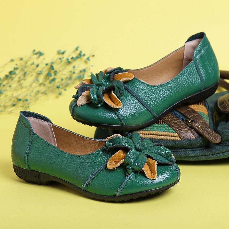 Retro Håndlavet Blomsterdekor Bløde Flade Casual Læder Loafers