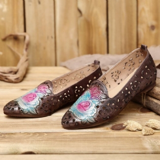 Retro Præget Delikat Pæon Hule Blomstermønster Ægte Læder Flad Elegant Loafer