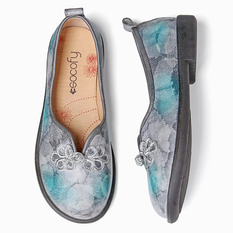 Tie-dyed Læder Kinesisk Knude Decor Behageligt Bløde Slip-on Flade Sko