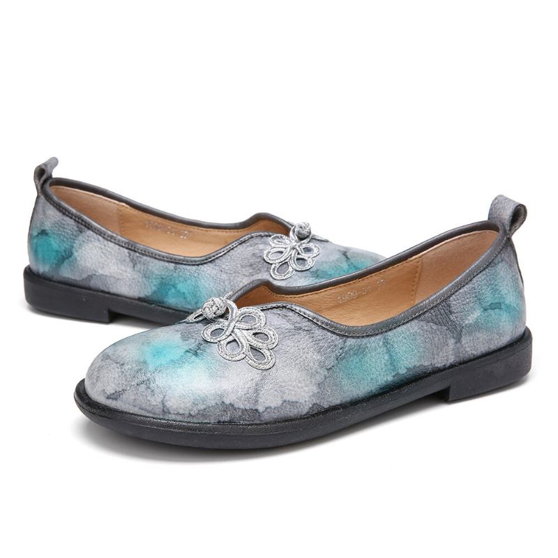 Tie-dyed Læder Kinesisk Knude Decor Behageligt Bløde Slip-on Flade Sko