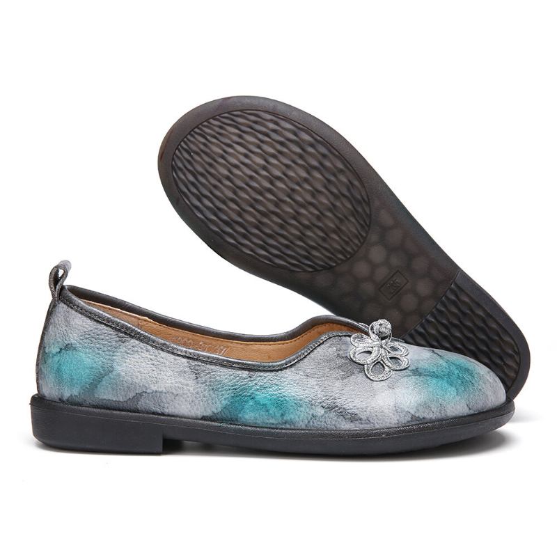 Tie-dyed Læder Kinesisk Knude Decor Behageligt Bløde Slip-on Flade Sko