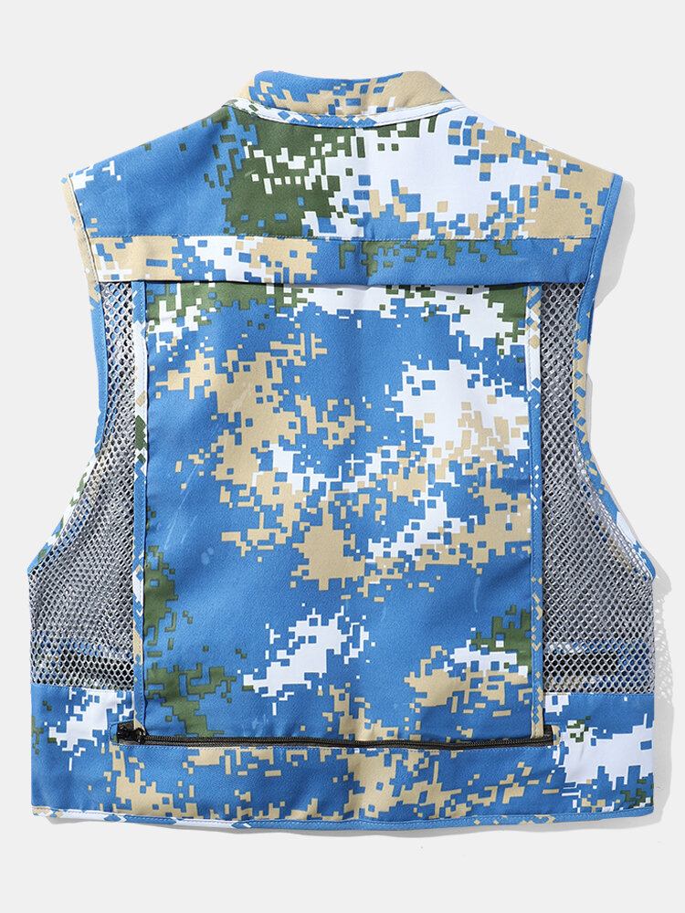 Herre Camouflage Print Mesh Patchwork Utility Zip Pocket Cargo Veste