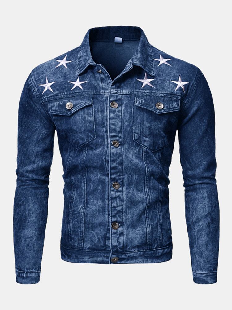 Herremodetryk Lommedekoration Casual Washed Denimjakke