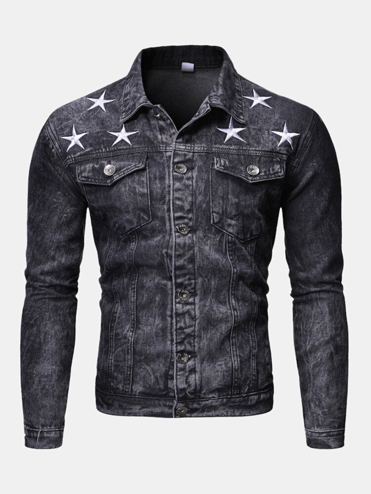 Herremodetryk Lommedekoration Casual Washed Denimjakke