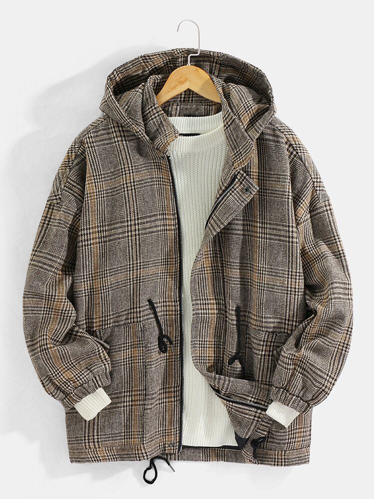 Vintage Plaid Snøre Til Mænd I Taljelomme Varme Hættefrakker