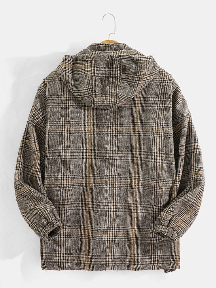 Vintage Plaid Snøre Til Mænd I Taljelomme Varme Hættefrakker