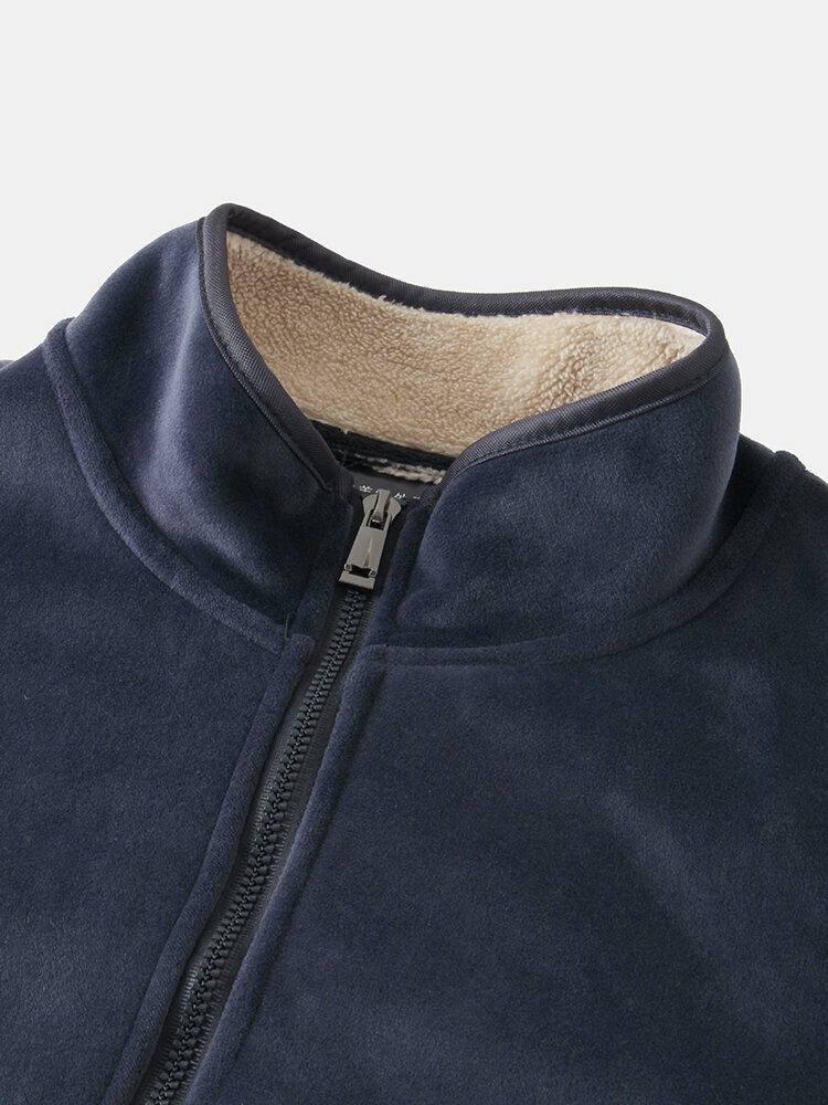 Warm Velvet Stand Collar Sherpa-foret Langærmede Frakker Med Lomme Til Mænd