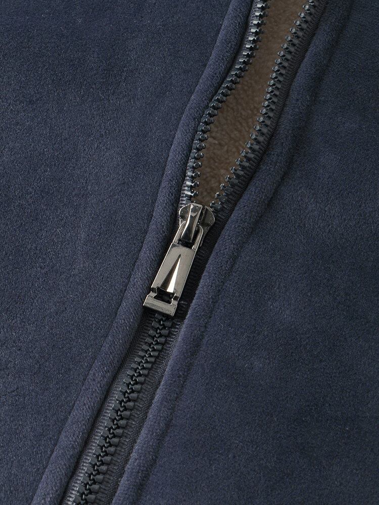 Warm Velvet Stand Collar Sherpa-foret Langærmede Frakker Med Lomme Til Mænd