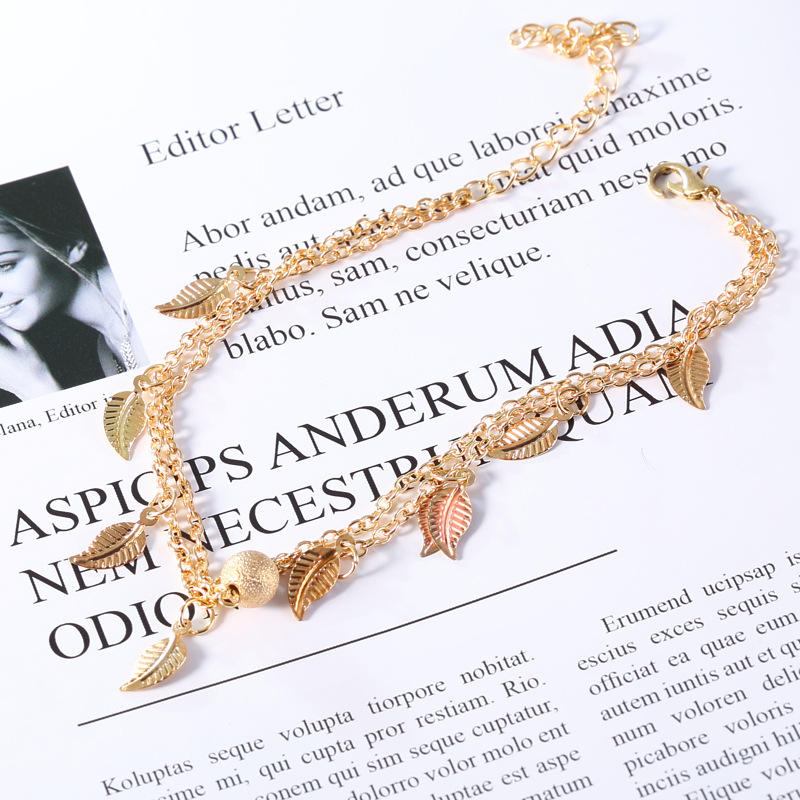 Trendy Sølv Guldfarve Bladvedhæng Anklet Dobbeltlag Kugle Charm Armbånd