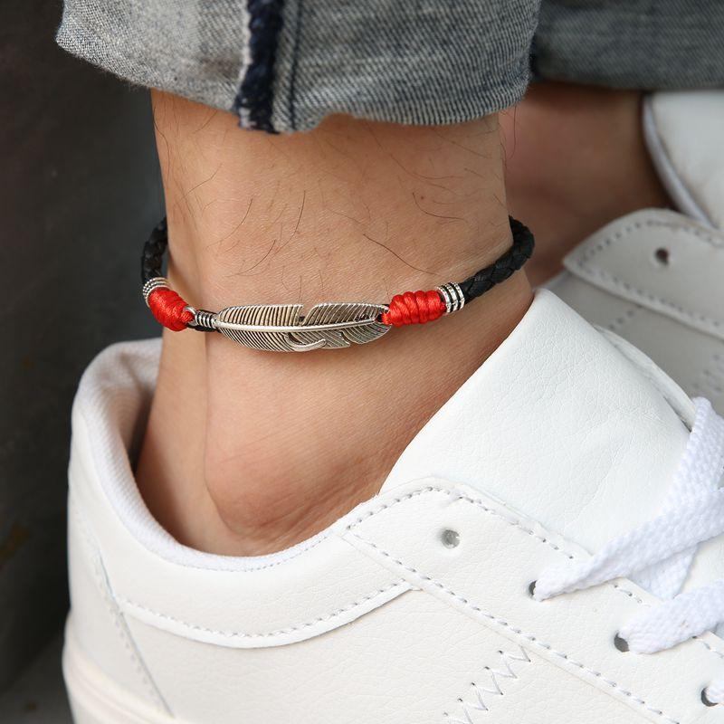 Vintage Unisex Ankelarmbånd Lucky Red Rope Etnisk Fjer Charm Ankellænke Til Kvinder Mænd