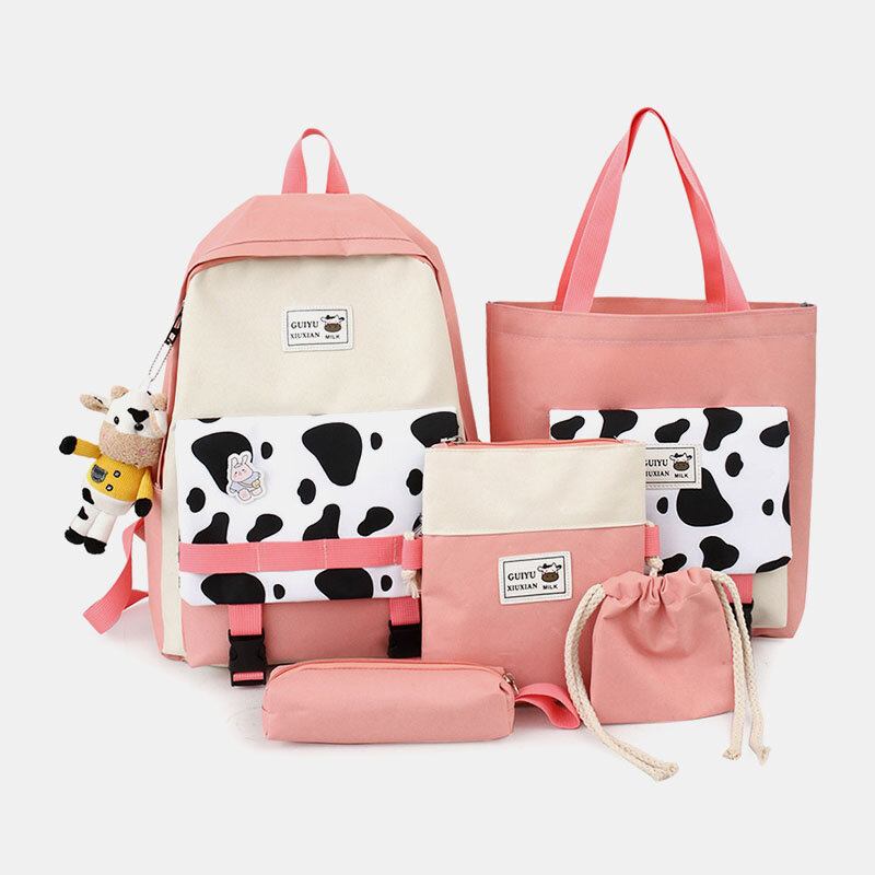 5 Stk Canvas Preppy Cow Pattern Multifunktions Kombinationstaske Rygsæk Tote Crossbody Taske Clutch Tegnebog