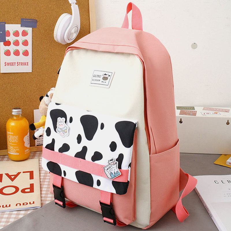 5 Stk Canvas Preppy Cow Pattern Multifunktions Kombinationstaske Rygsæk Tote Crossbody Taske Clutch Tegnebog