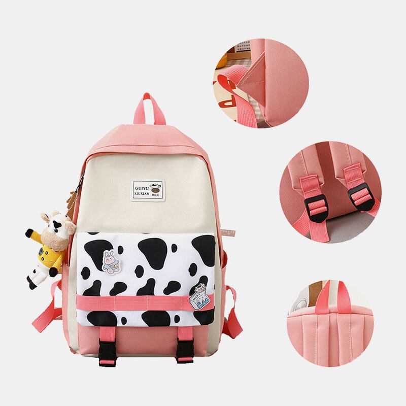 5 Stk Canvas Preppy Cow Pattern Multifunktions Kombinationstaske Rygsæk Tote Crossbody Taske Clutch Tegnebog