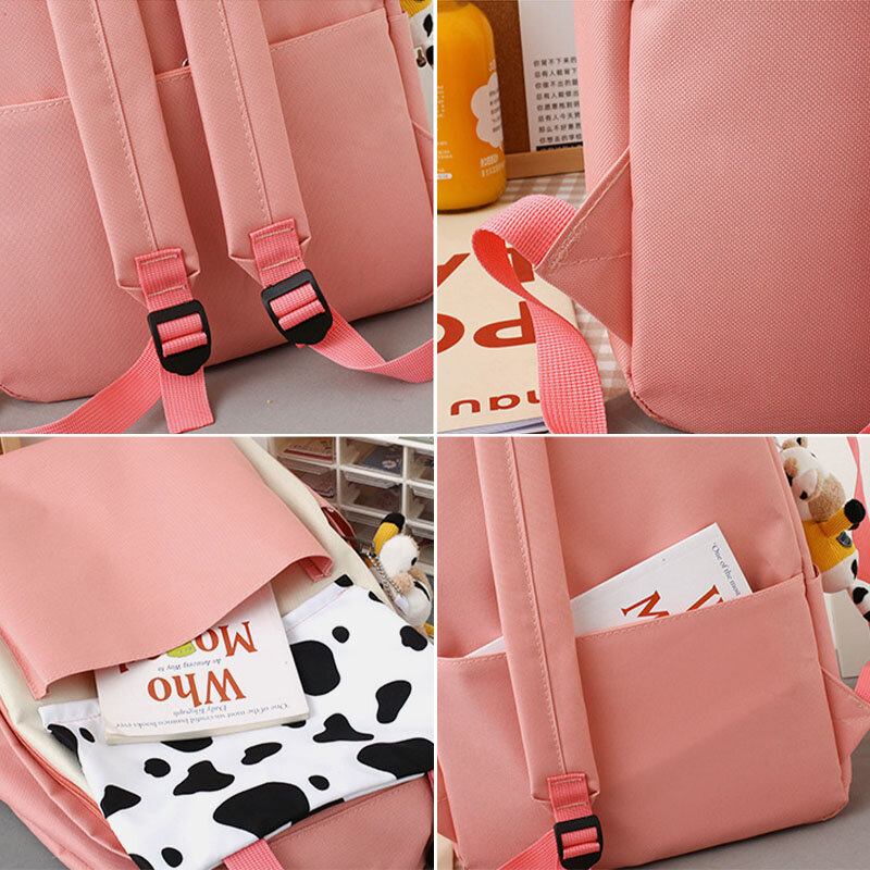 5 Stk Canvas Preppy Cow Pattern Multifunktions Kombinationstaske Rygsæk Tote Crossbody Taske Clutch Tegnebog