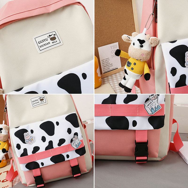 5 Stk Canvas Preppy Cow Pattern Multifunktions Kombinationstaske Rygsæk Tote Crossbody Taske Clutch Tegnebog