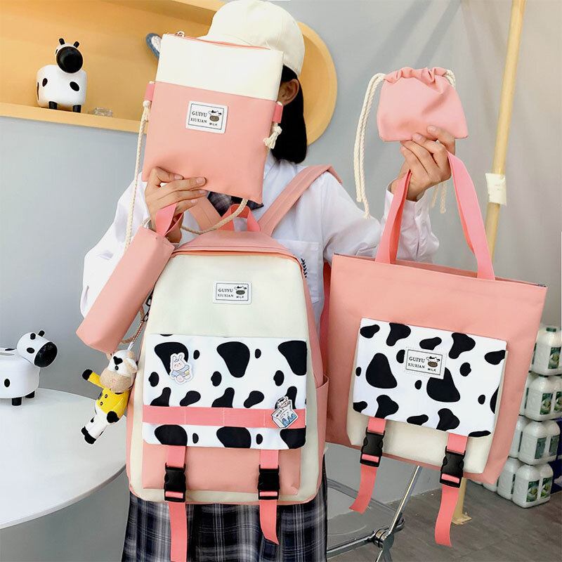 5 Stk Canvas Preppy Cow Pattern Multifunktions Kombinationstaske Rygsæk Tote Crossbody Taske Clutch Tegnebog