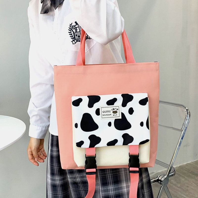 5 Stk Canvas Preppy Cow Pattern Multifunktions Kombinationstaske Rygsæk Tote Crossbody Taske Clutch Tegnebog