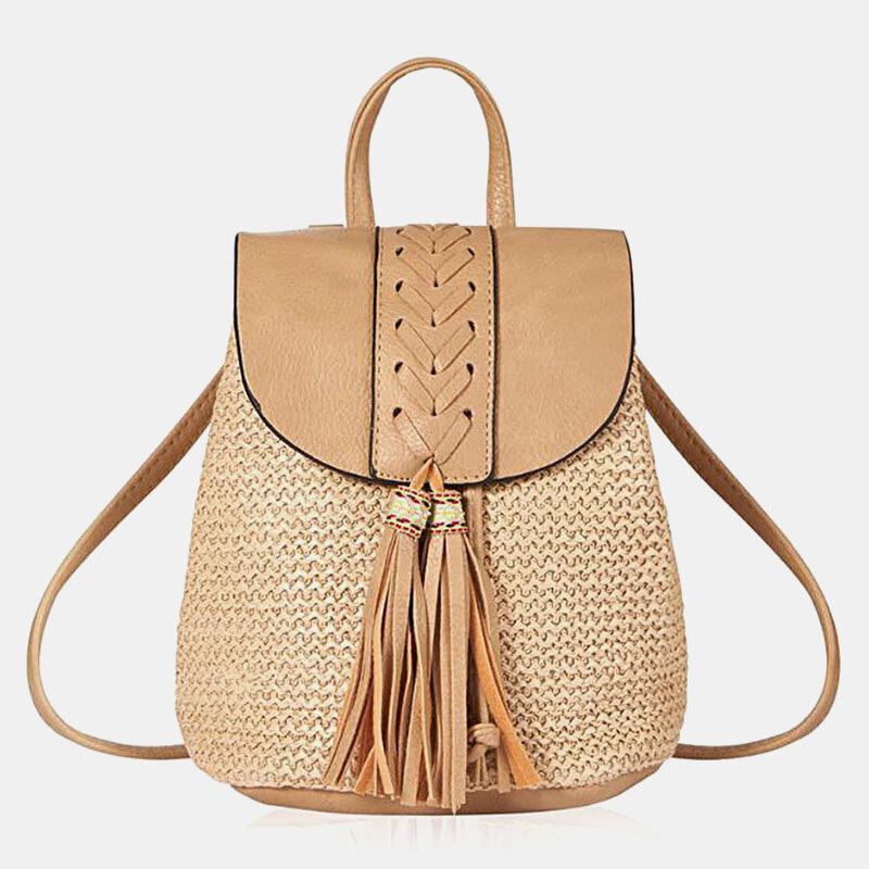 Dame Tassel Straw Taske Retro Beach Taske Rygsæk Bucket Bag