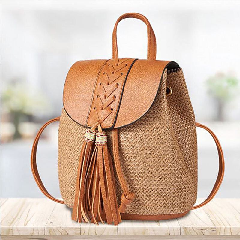 Dame Tassel Straw Taske Retro Beach Taske Rygsæk Bucket Bag