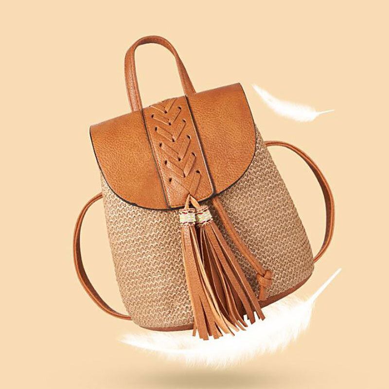 Dame Tassel Straw Taske Retro Beach Taske Rygsæk Bucket Bag