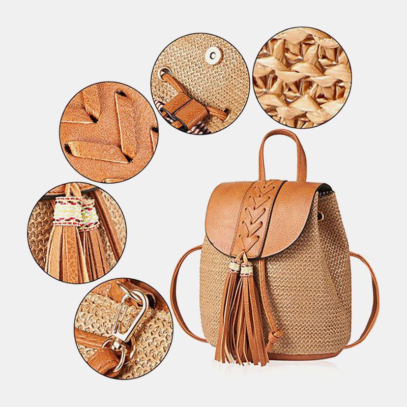 Dame Tassel Straw Taske Retro Beach Taske Rygsæk Bucket Bag