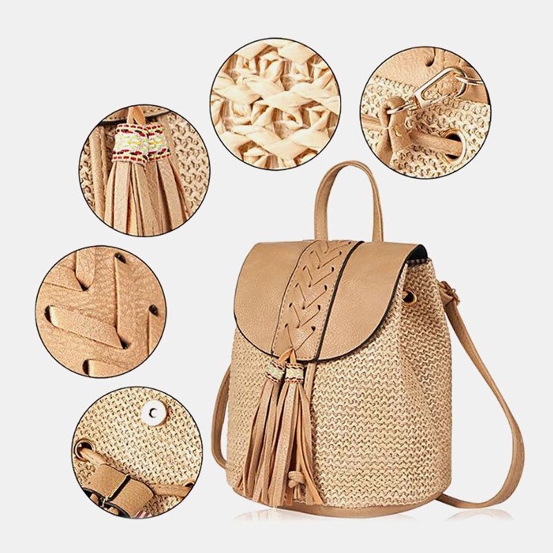 Dame Tassel Straw Taske Retro Beach Taske Rygsæk Bucket Bag