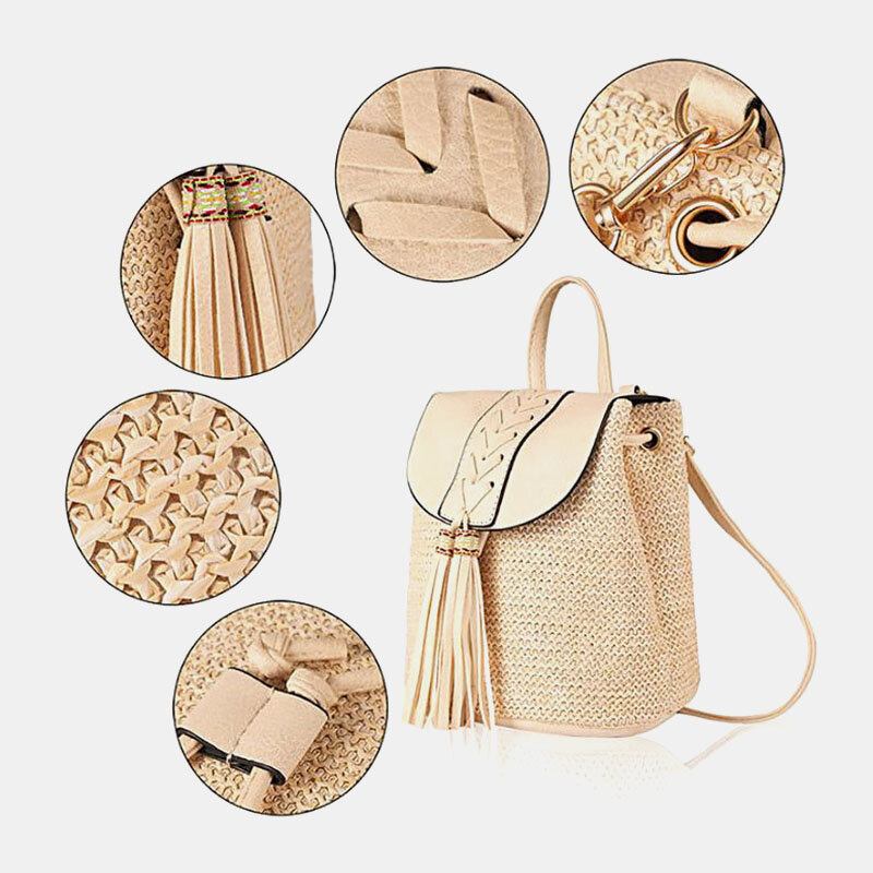 Dame Tassel Straw Taske Retro Beach Taske Rygsæk Bucket Bag