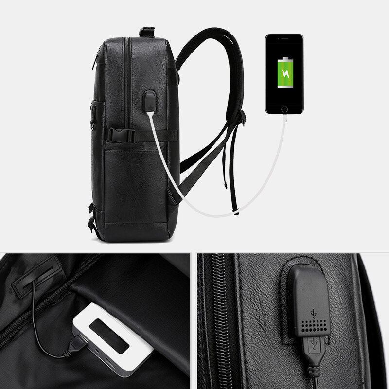 Mænd Usb-opladning Multi-pocket Pu Læder Rygsæk Mode Casual Stor Kapacitet 15.6 Tommer Bærbar Taske