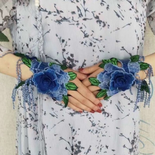 Kvinder Etnisk Broderi Hallow Armbånd Mode Blomster Halv Cover Finger Kvast Handsker