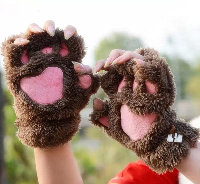 Kvinder Piger Fluffy Plys Bjørn Cat Paw Fingerløse Handsker Paw Handske Varme Vintervanter