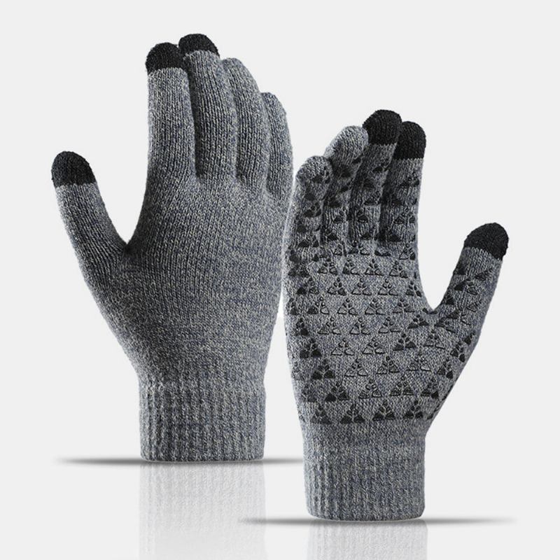 Unisex 3-finger Touch-skærm Palm Triangle Silikone Skridsikkert Mønster Strikkede Handsker Plus Velvet Thicken Bløde Vinter Varme Handsker